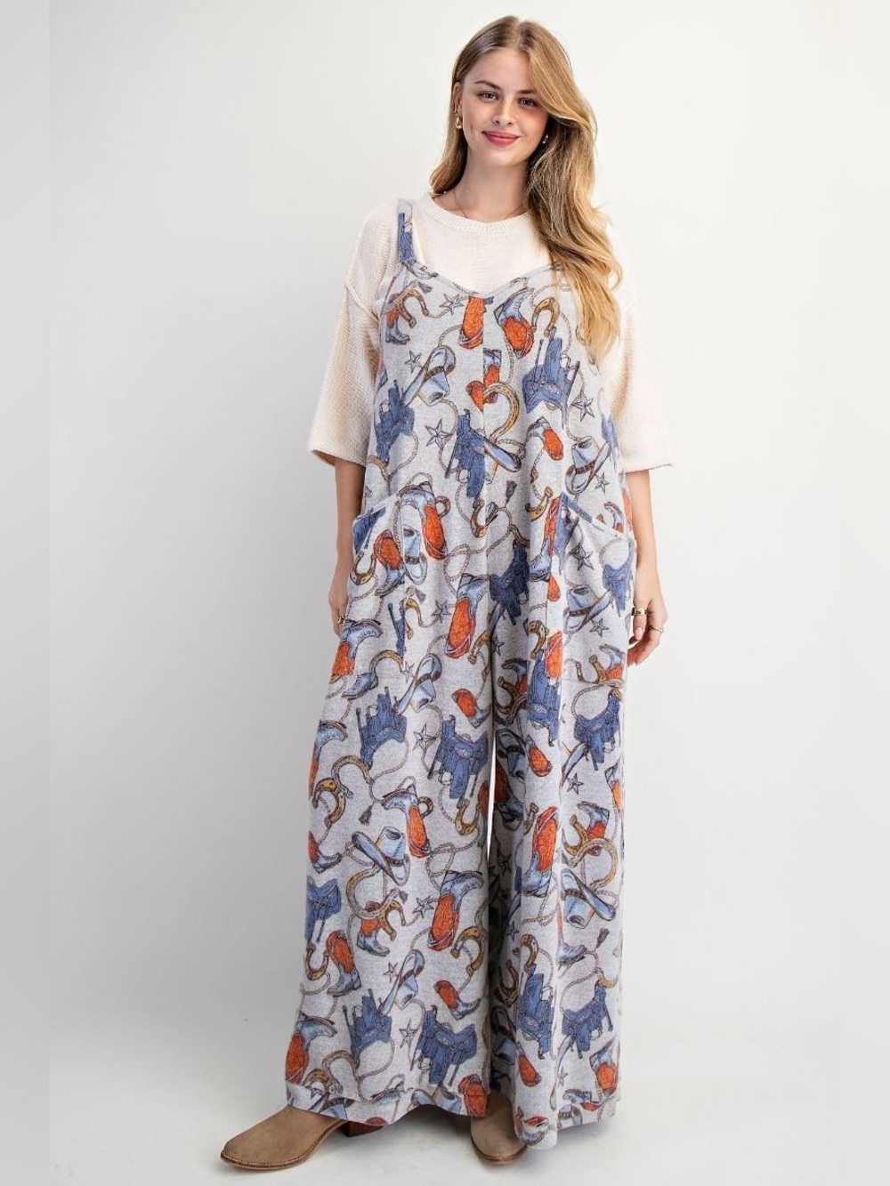 Easel Heather Denim Western Printed Brushed Hacci Jumpsuit